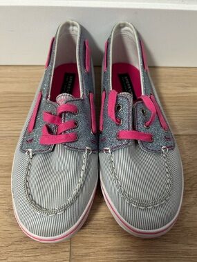 Sperry Silver Glitter & Hot Pink Trim Girls Striped Sneakers